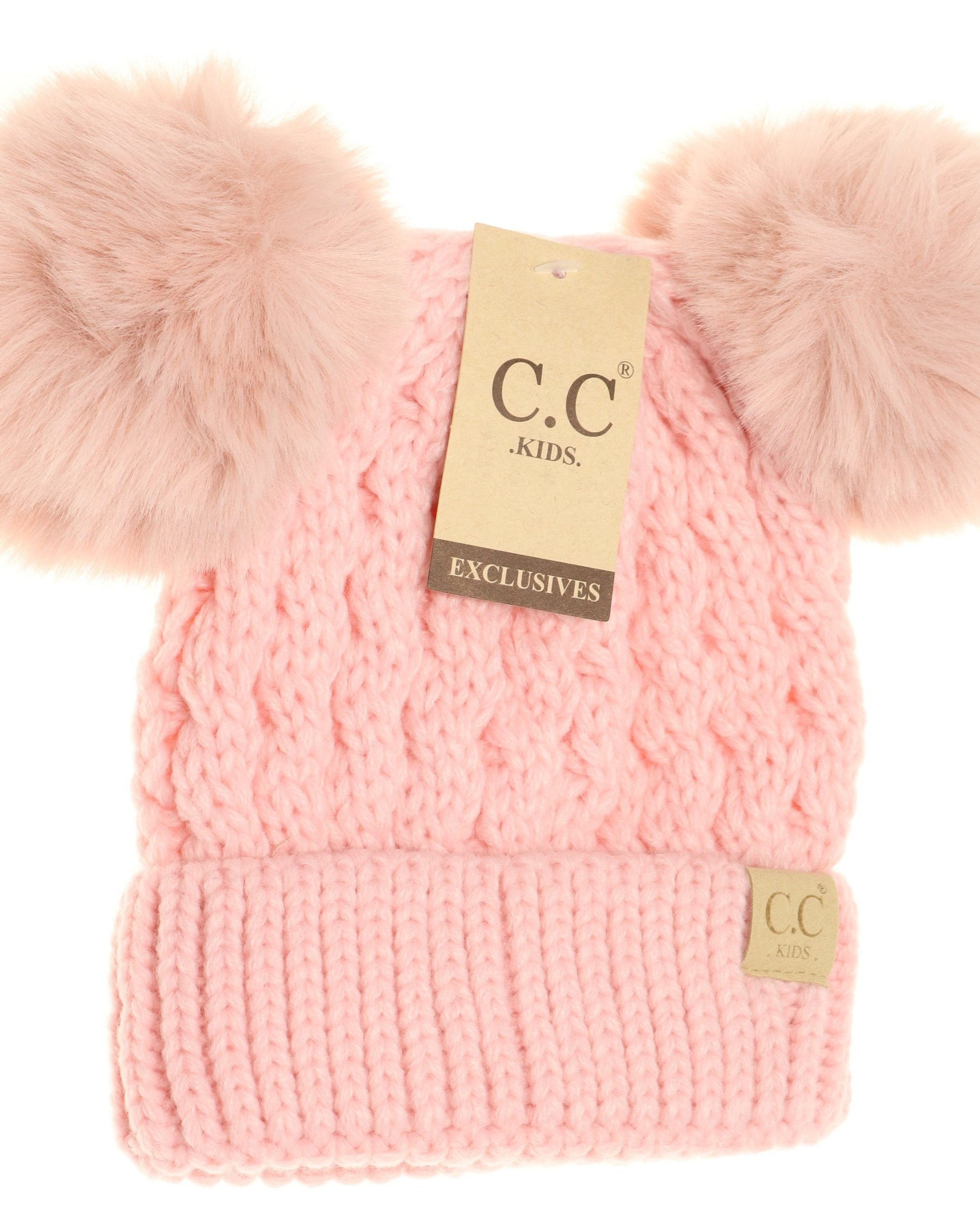 Kids Cable Knit Double Matching Fur Pom CC Hat  A Touch of Magnolia Boutique Pink  