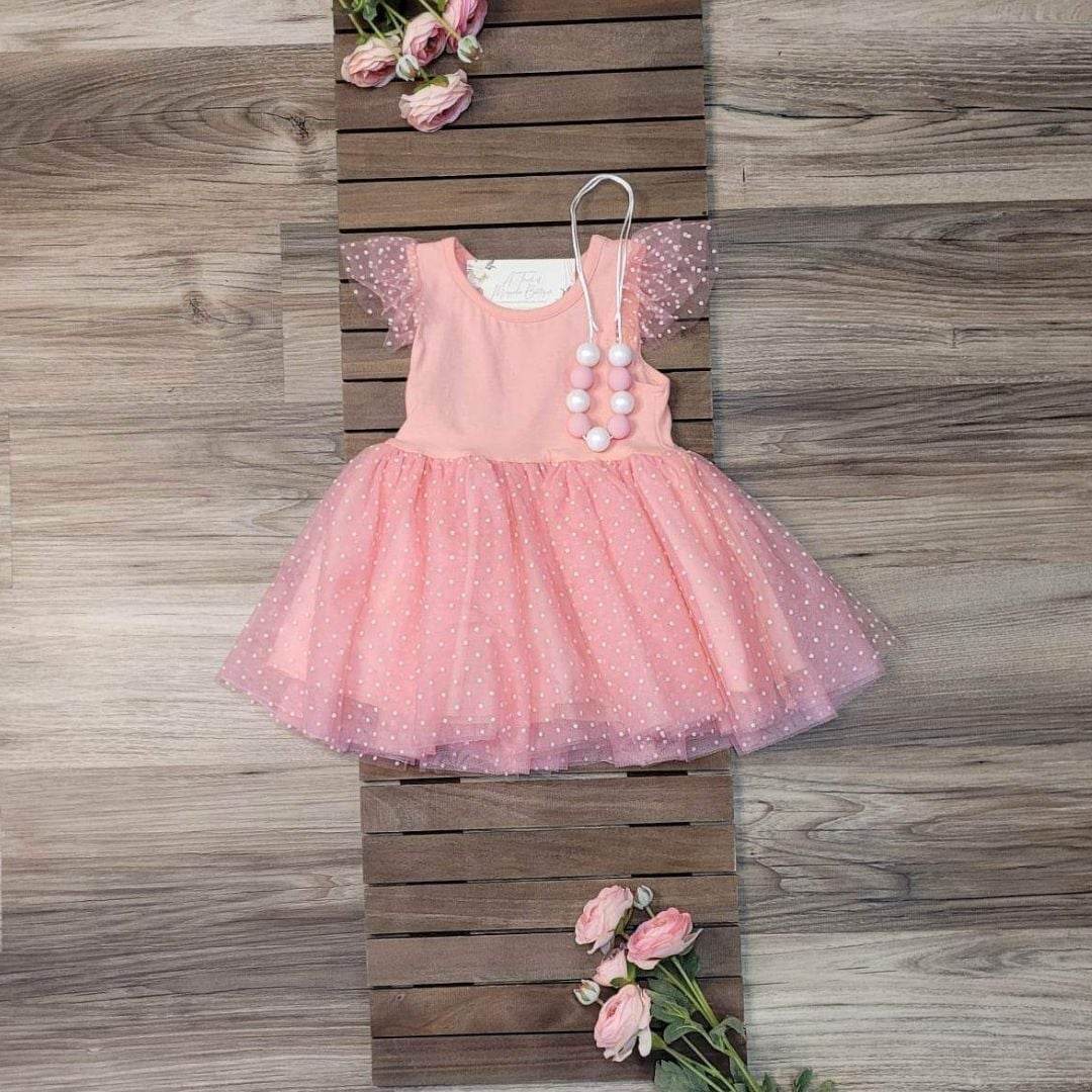Pink Swiss Dot Tulle Flutter Sleeve Dress A Touch of Magnolia Boutique
