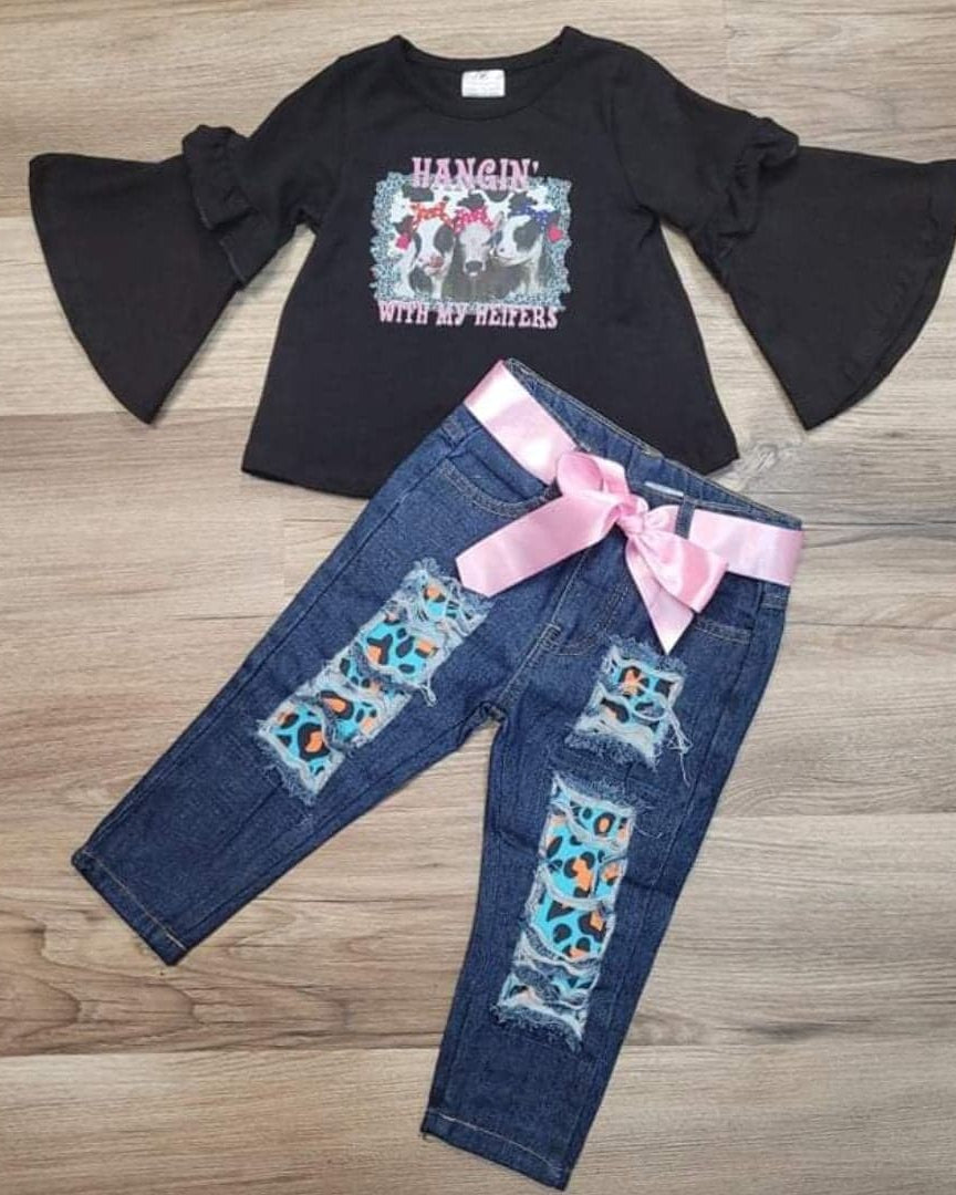 Hanging With My Heifers Cheetah Distressed Denim Set A Touch of Magnolia Boutique