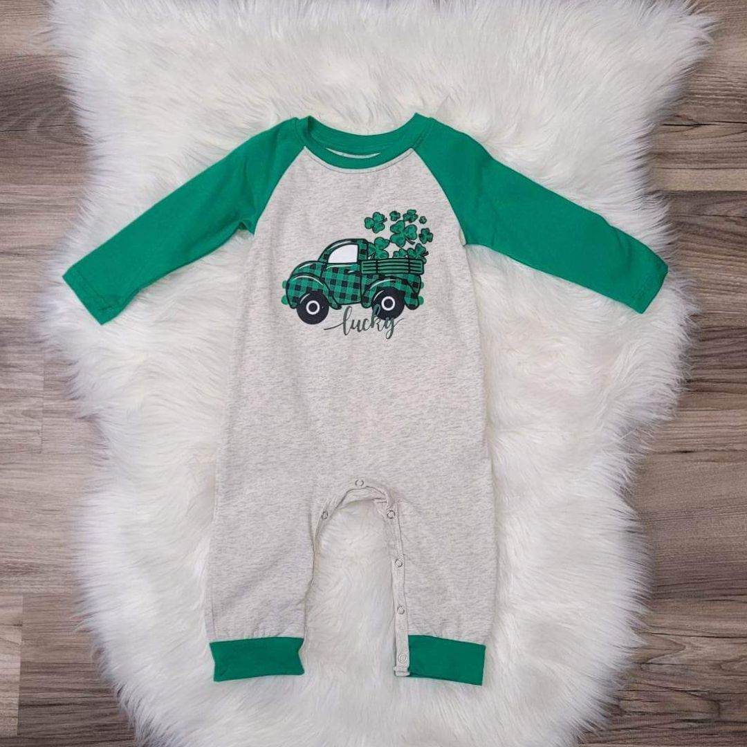 St. Patty's Green Plaid Truck Romper  A Touch of Magnolia Boutique   