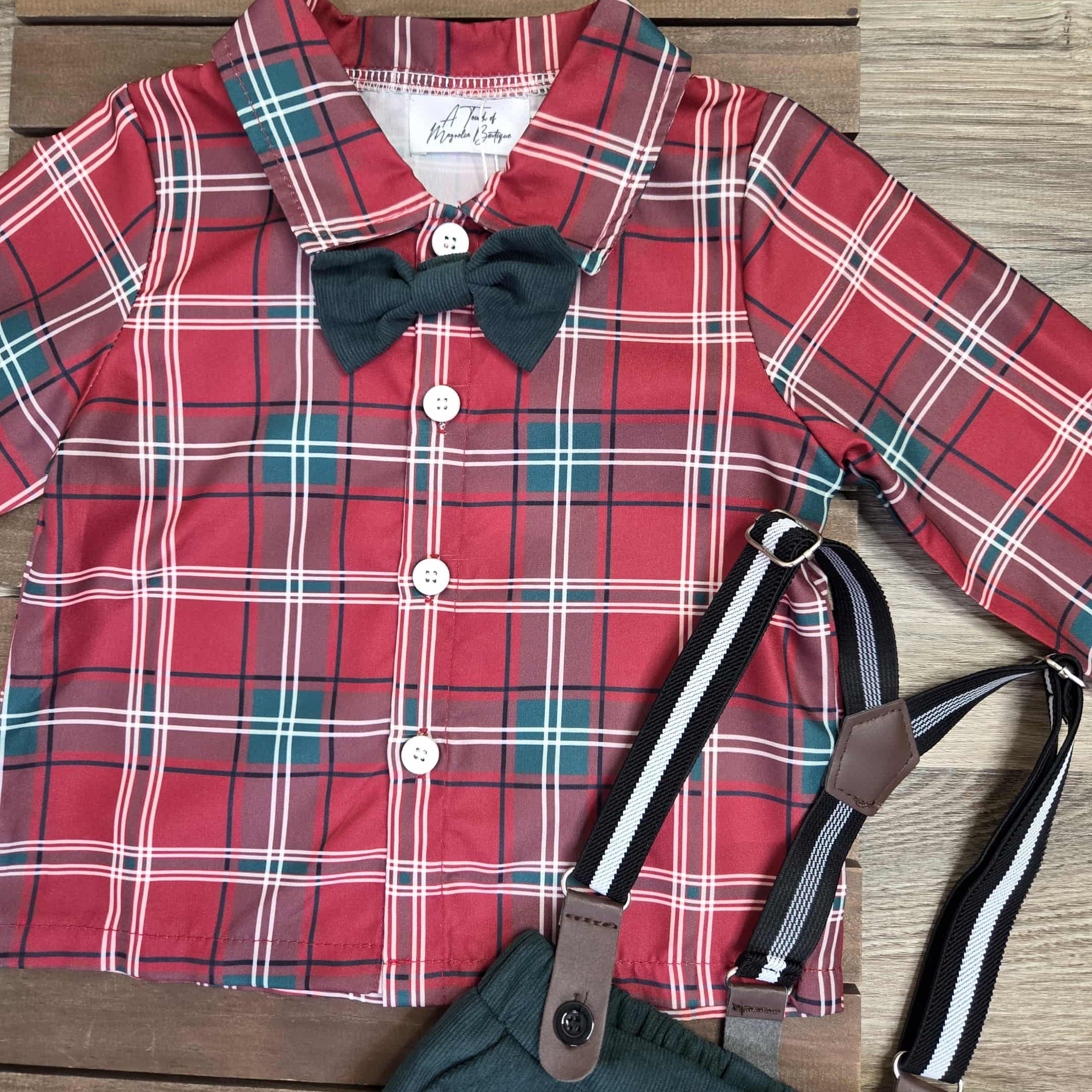 Holiday Plaid Button Front Top with Green Suspender Pants Outfit- Baby & Toddler Boys A Touch of Magnolia Boutique