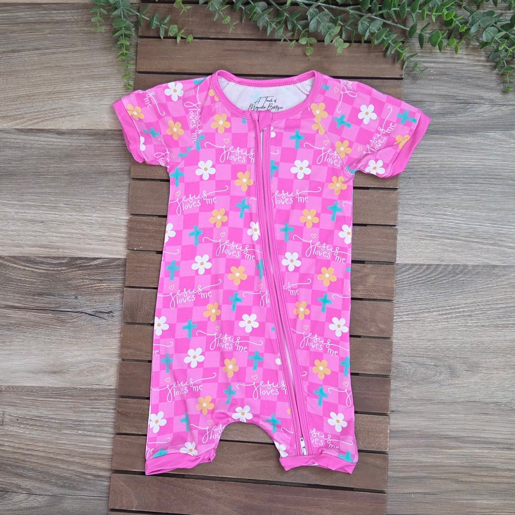 Bamboo Jesus Loves Me Baby Zippie Shorts Romper/Sleeper A Touch of Magnolia Boutique