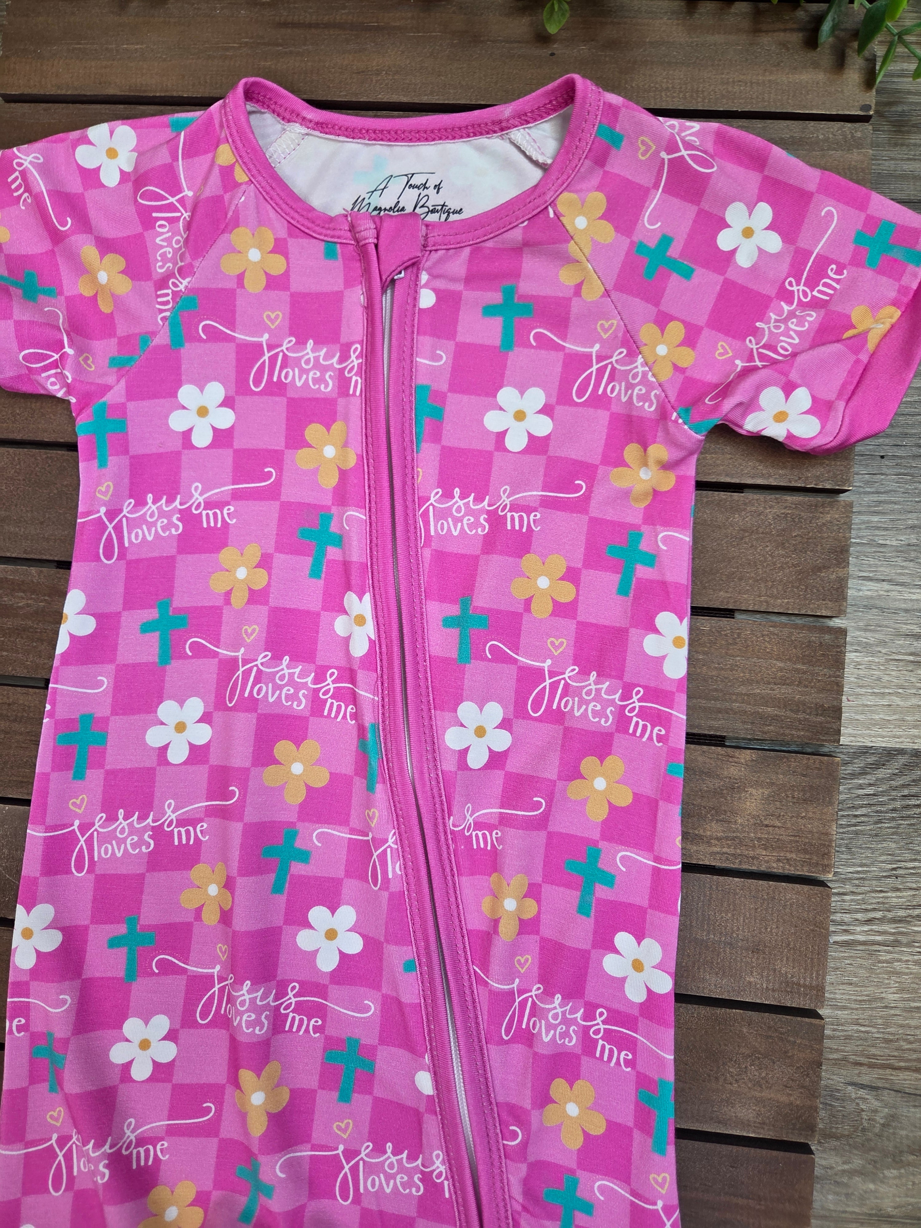 Bamboo Jesus Loves Me Baby Zippie Shorts Romper/Sleeper A Touch of Magnolia Boutique