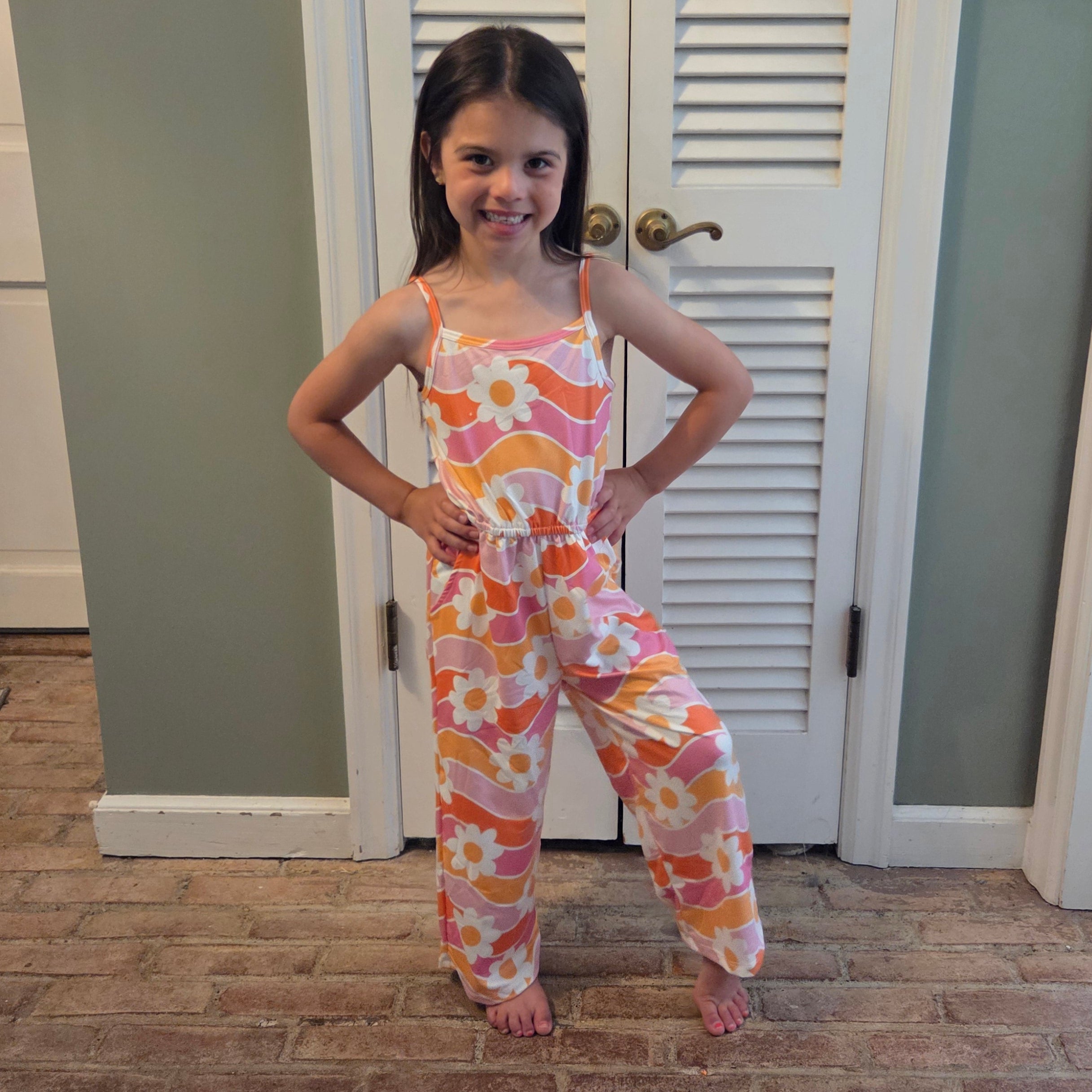 Tangerine & Pink Retro Floral Jumpsuit with Pockets A Touch of Magnolia Boutique