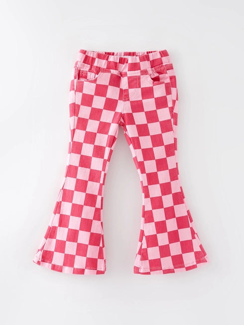 Pink Checkered Print Flared Jeans w/ Elastic Waistband A Touch of Magnolia Boutique