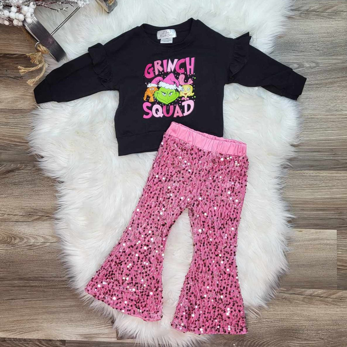 Christmas Green Guy Squad Outfit with Pink Sequin Bells  A Touch of Magnolia Boutique   