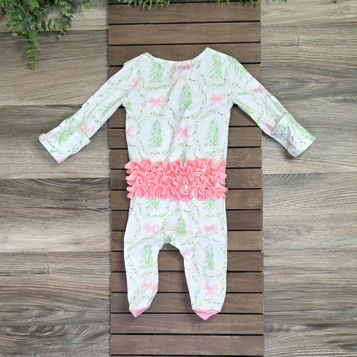 Holiday Wreath with Trees and Bows Baby Girl Zipper Romper A Touch of Magnolia Boutique