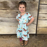 Blue girls boutique dress with horses, sunflowers and roses.  Short sleeve, buttery soft twirl dress for toddlers and girls.