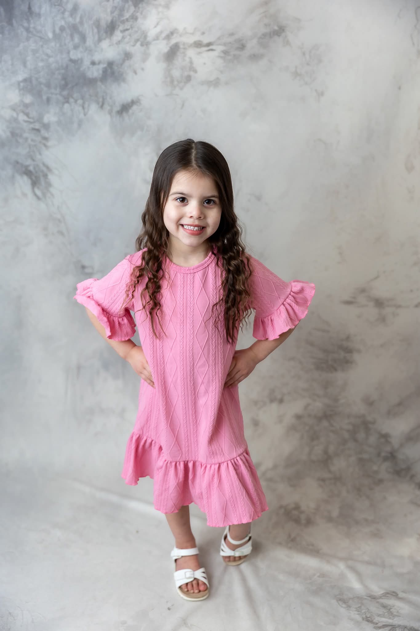 Pink Jacquard Half Sleeve Ruffle Dress A Touch of Magnolia Boutique