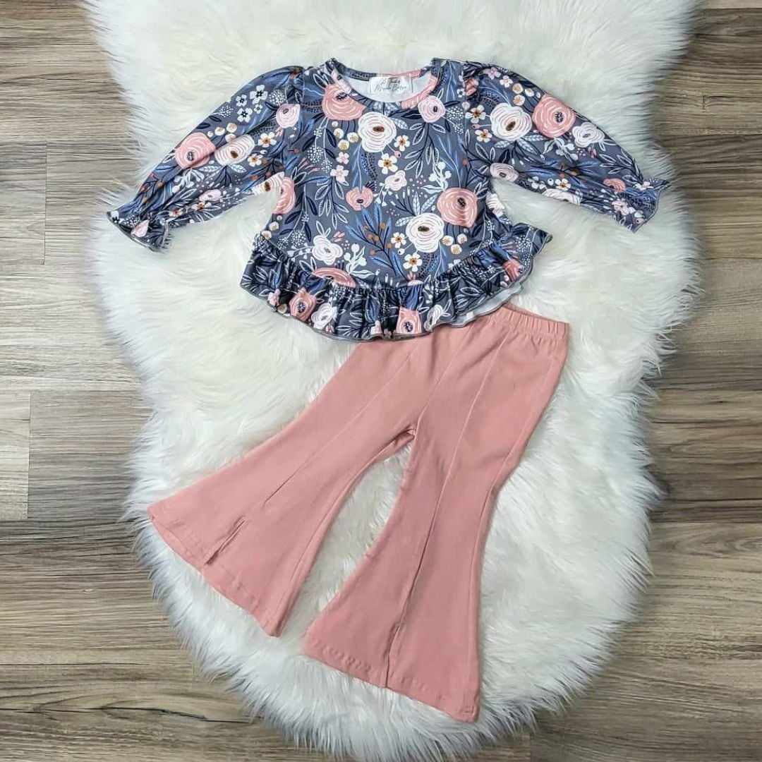 Blue Floral Top and Pink Flare Pants Set  A Touch of Magnolia Boutique   
