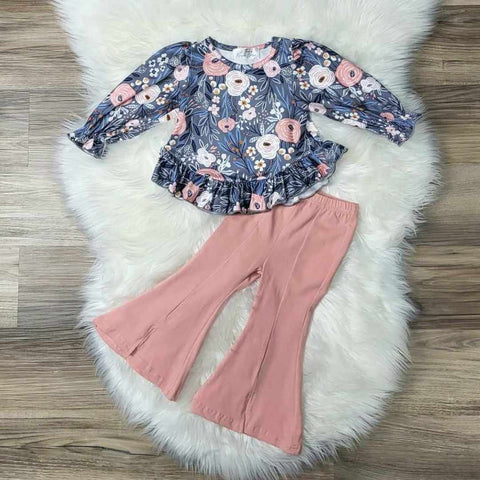 Blue Floral Top and Pink Flare Pants Set