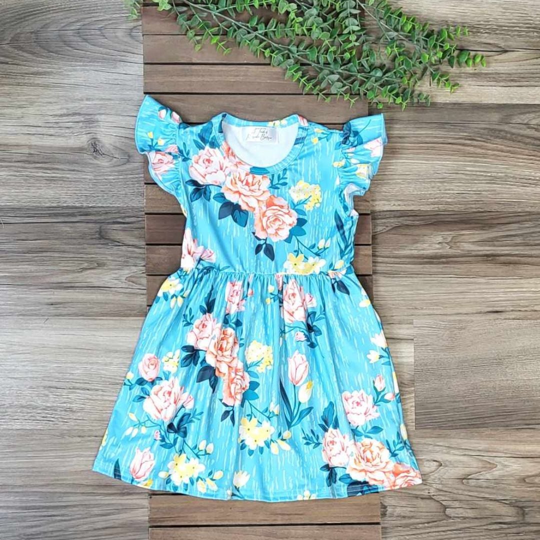 Girls Blue Floral Flutter Sleeve Dress  A Touch of Magnolia Boutique   