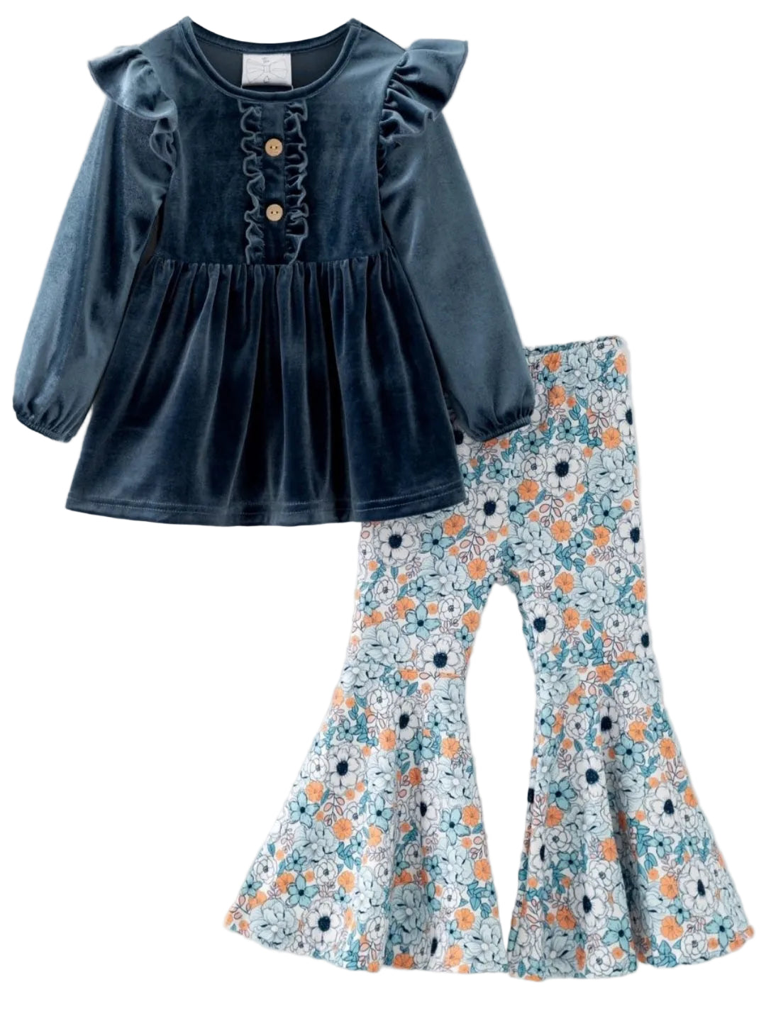 Steel Blue Velvet Top and Floral Bell Set A Touch of Magnolia Boutique