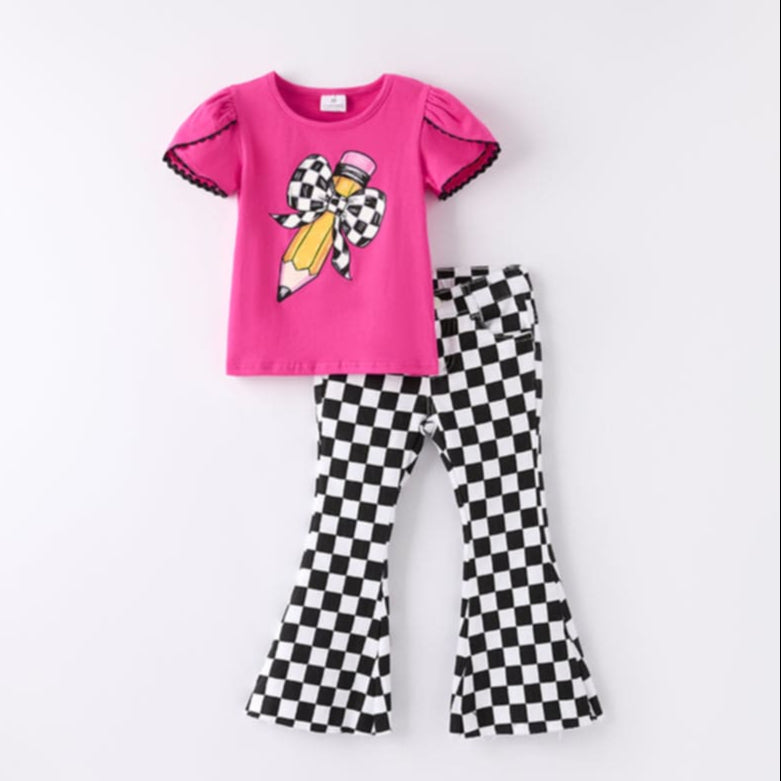 Back to School Pencil Top and Checkered Denim Flares Outfit Set A Touch of Magnolia Boutique