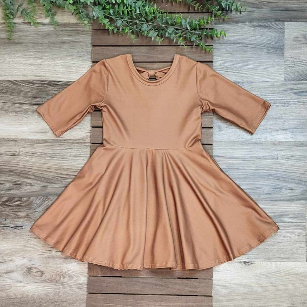 Autumn Brown Bow Back 3/4 Sleeve Twirl Dress  A Touch of Magnolia Boutique   