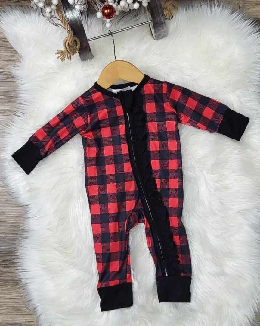 Baby Girl Zipper Buffalo Plaid Ruffle Footless Sleeper/Romper  A Touch of Magnolia Boutique   