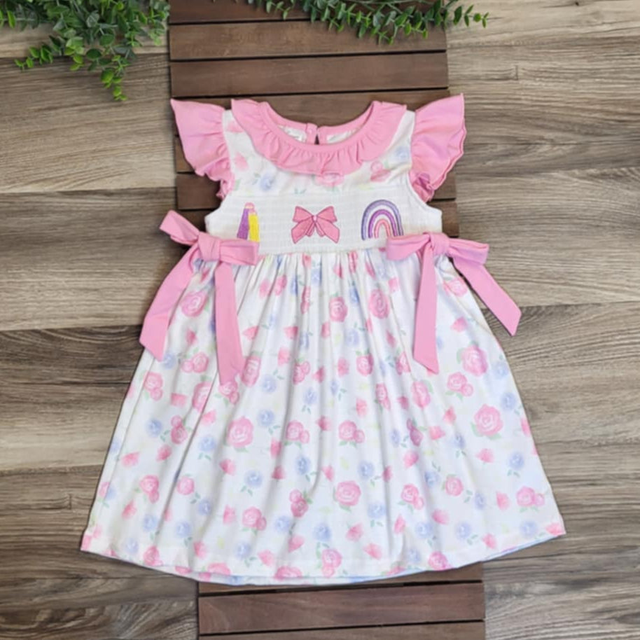 Pink Flutter Sleeve Back to School Embroider Smocked Dress A Touch of Magnolia Boutique