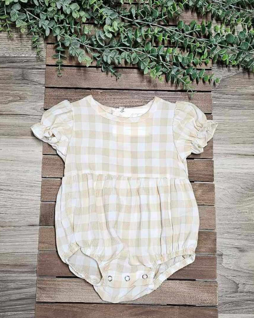 Baby Girl Beige Plaid Romper  A Touch of Magnolia Boutique   