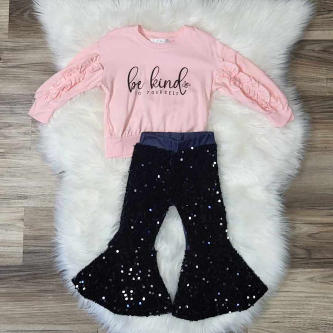 Be Kind Pink Ruffle Top and Black Sequin Bell Pants  A Touch of Magnolia Boutique   