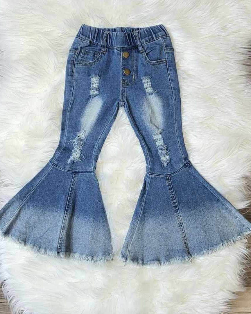 Distressed Denim Bell Bottom Jeans with Raw Hemline  A Touch of Magnolia Boutique   