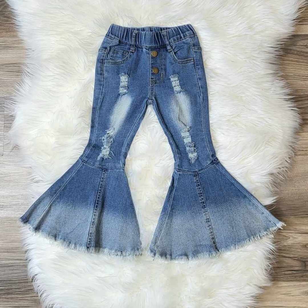 Distressed Denim Bell Bottom Jeans with Raw Hemline  A Touch of Magnolia Boutique   