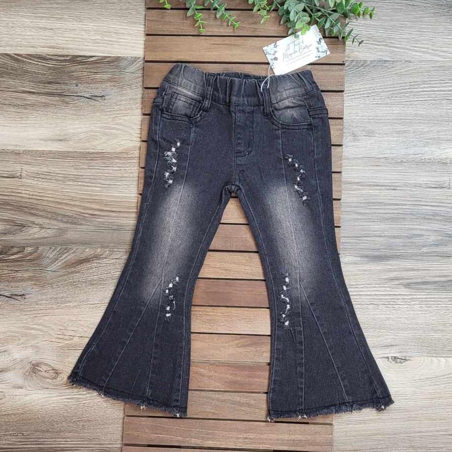 Black Wash Flare Denim Jeans with Raw Hemline  A Touch of Magnolia Boutique   