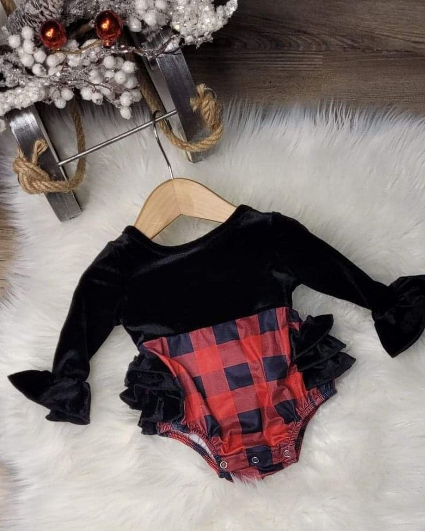 Black Velvet Bell Sleeve Buffalo Plaid Romper  A Touch of Magnolia Boutique   