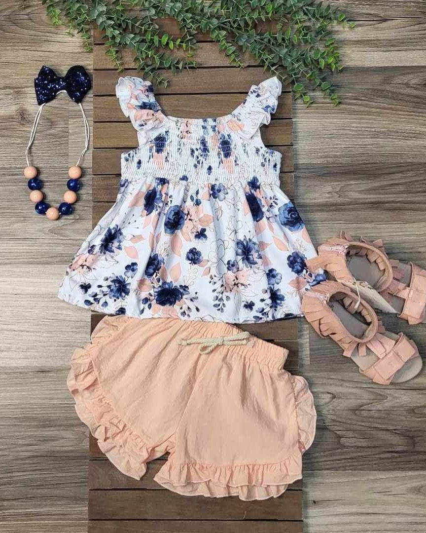 Blue and Peach Floral Smocked Top and Shorts Set  A Touch of Magnolia Boutique   