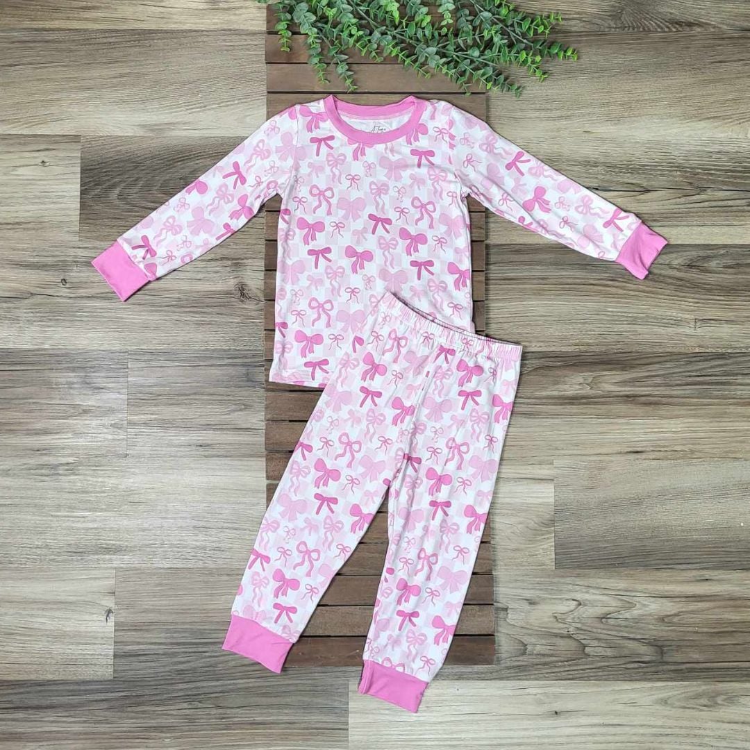 Pink Bow Print Bamboo Two-Piece Pajama Set  A Touch of Magnolia Boutique   