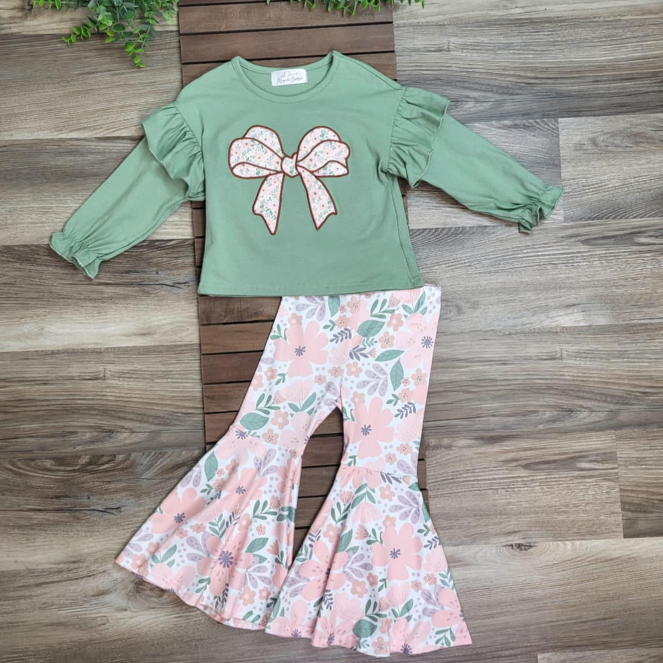 Sage Ruffle Bow Top and Floral Bell Bottom Pants Outfit Set A Touch of Magnolia Boutique