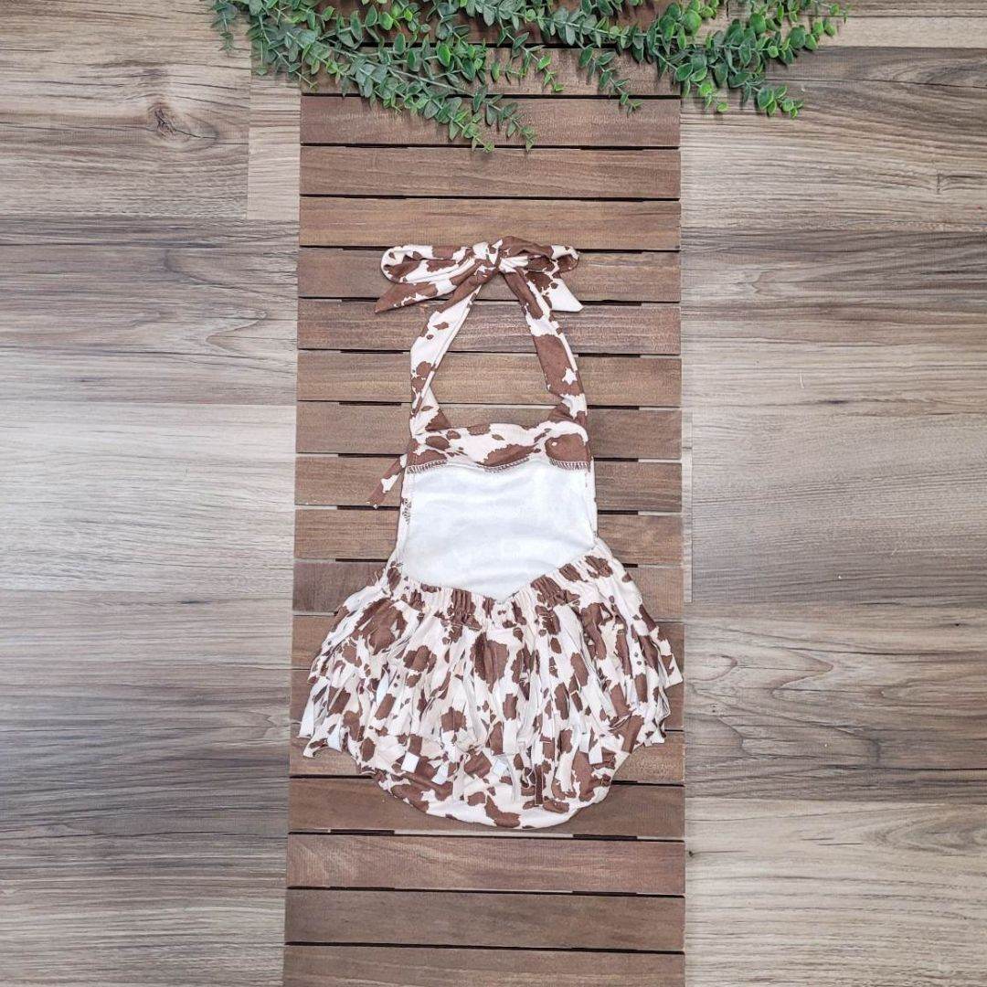 Baby Girl Brown Cow Print Fringe Romper  A Touch of Magnolia Boutique   