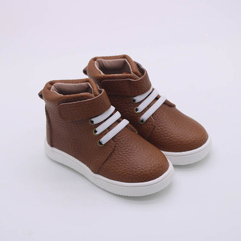 Boys weathered brown leather high top shoes with elastic stretch laces and Velcro closure 