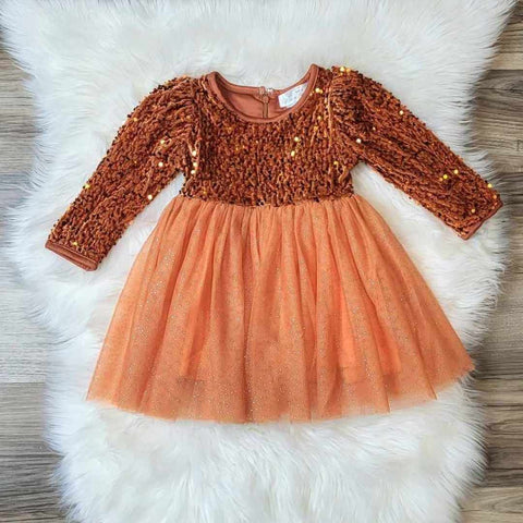 Girls boutique burnt orange velvet and sequin dress with sparkling tulle skirt.  Holiday boutique girls dresses