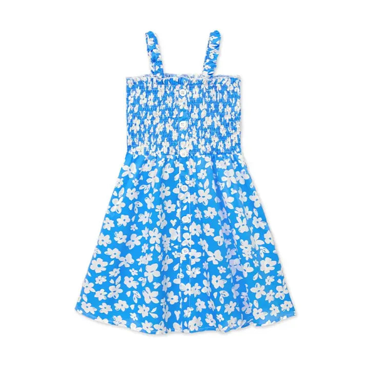 Girl's Floral Dress w/ Smocking & Buttons Blue White Floral Tween line A Touch of Magnolia Boutique