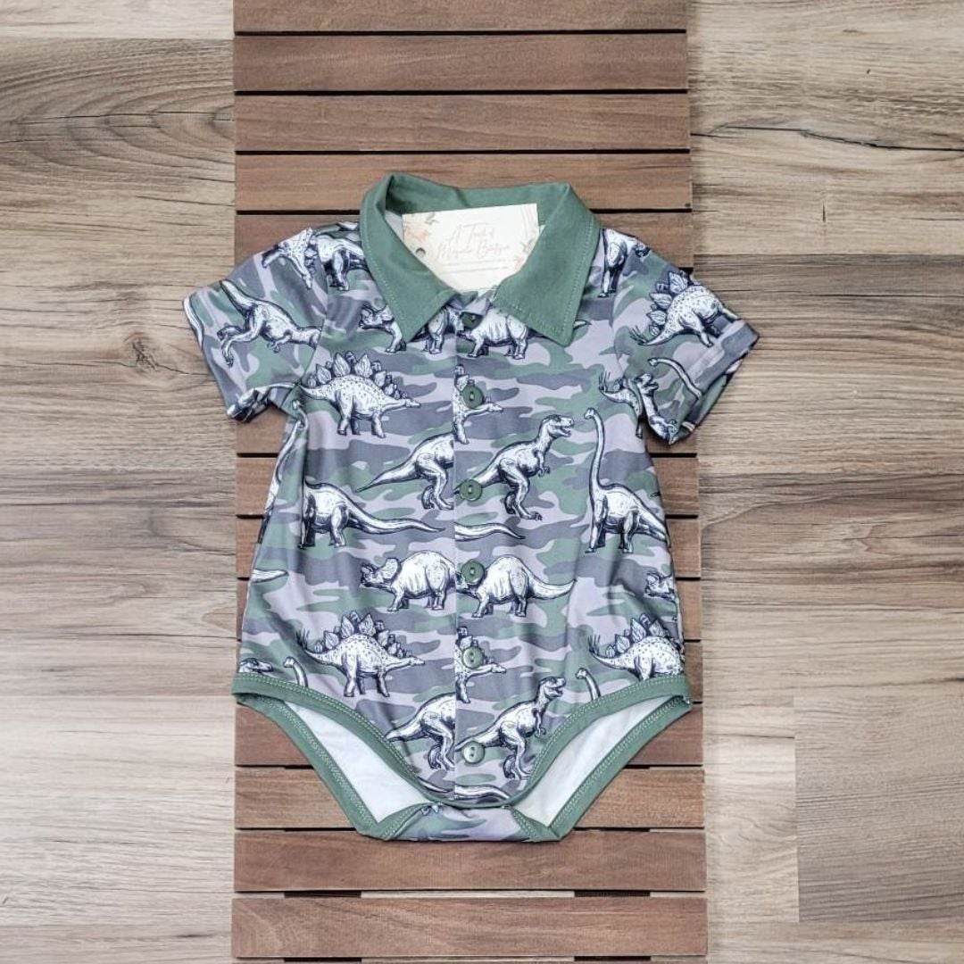 Baby Boy Camo Dinosaur Short Sleeve Romper  A Touch of Magnolia Boutique   