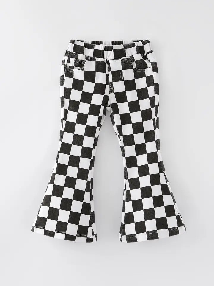 Black and White Check Print Flared Jeans w/ Elastic Waistband A Touch of Magnolia Boutique