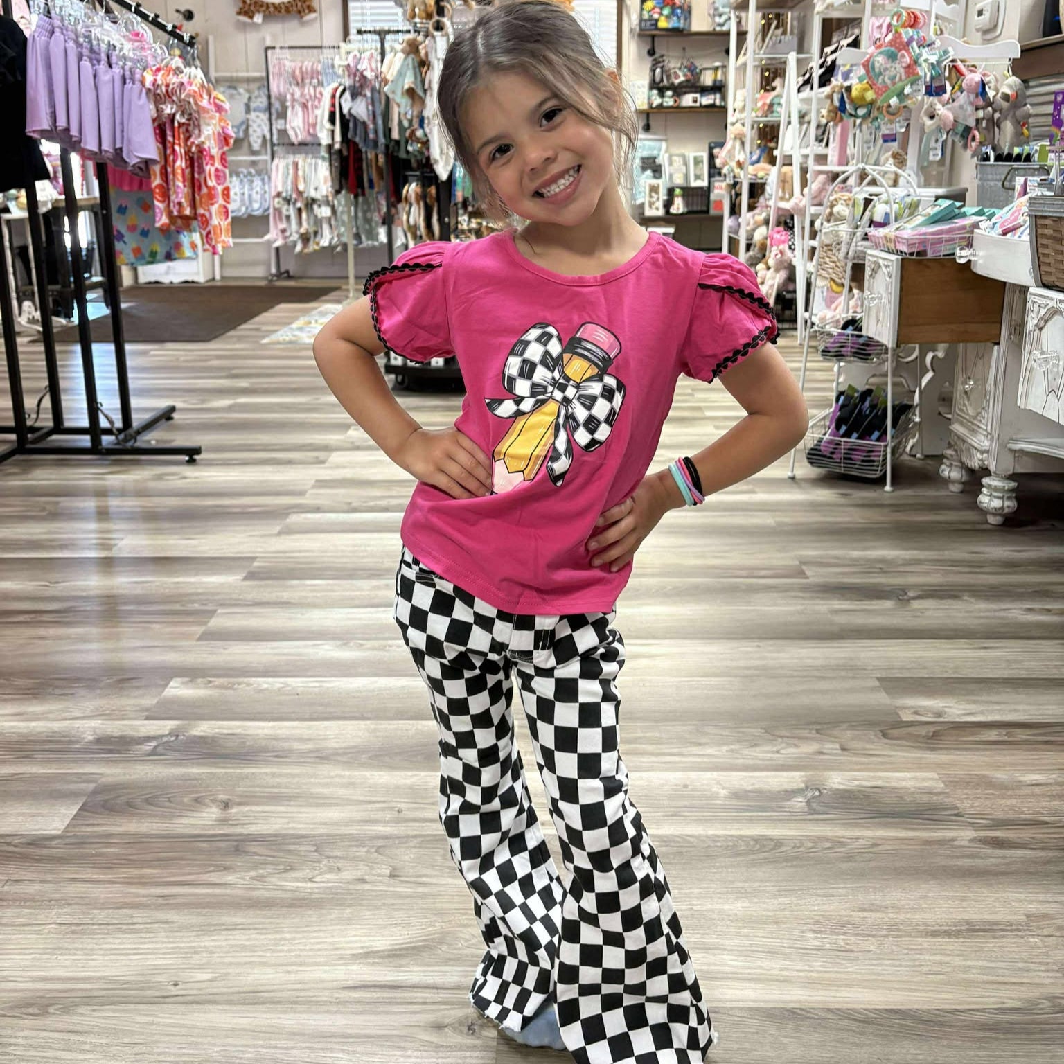 Back to School Pencil Top and Checkered Denim Flares Outfit Set A Touch of Magnolia Boutique