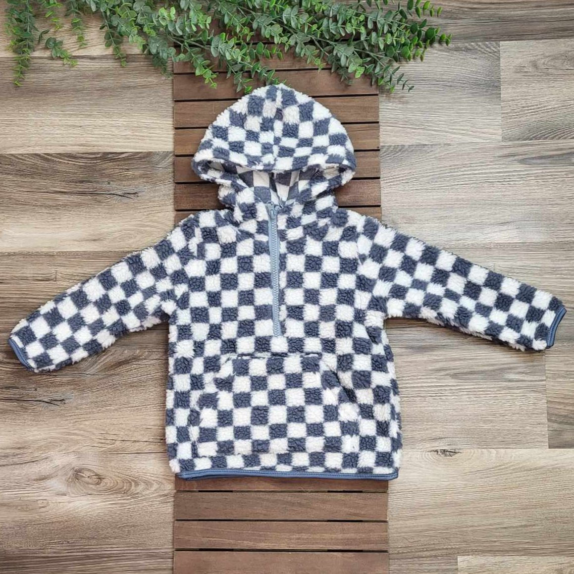 Blue Checkered Half Zip Hooded Wool like Sherpa Outerwear  A Touch of Magnolia Boutique   