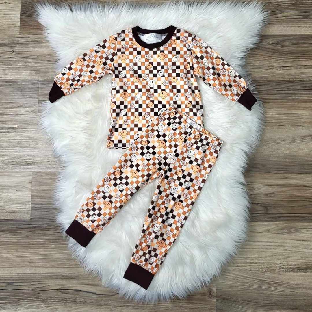 Brown Checkered Smiley Pajama Set  A Touch of Magnolia Boutique   