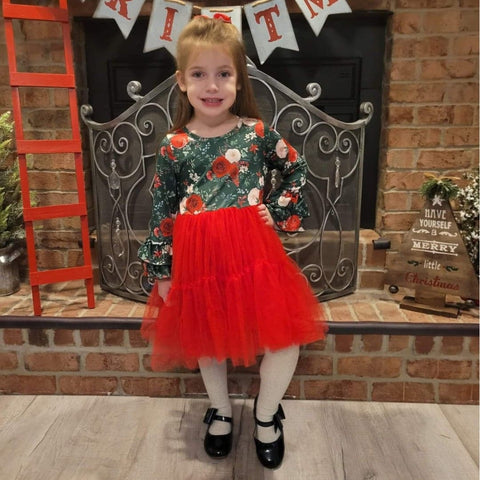 Girls boutique Christmas floral print dress on green background with a red tulle skirt for a stunning holiday dress! 