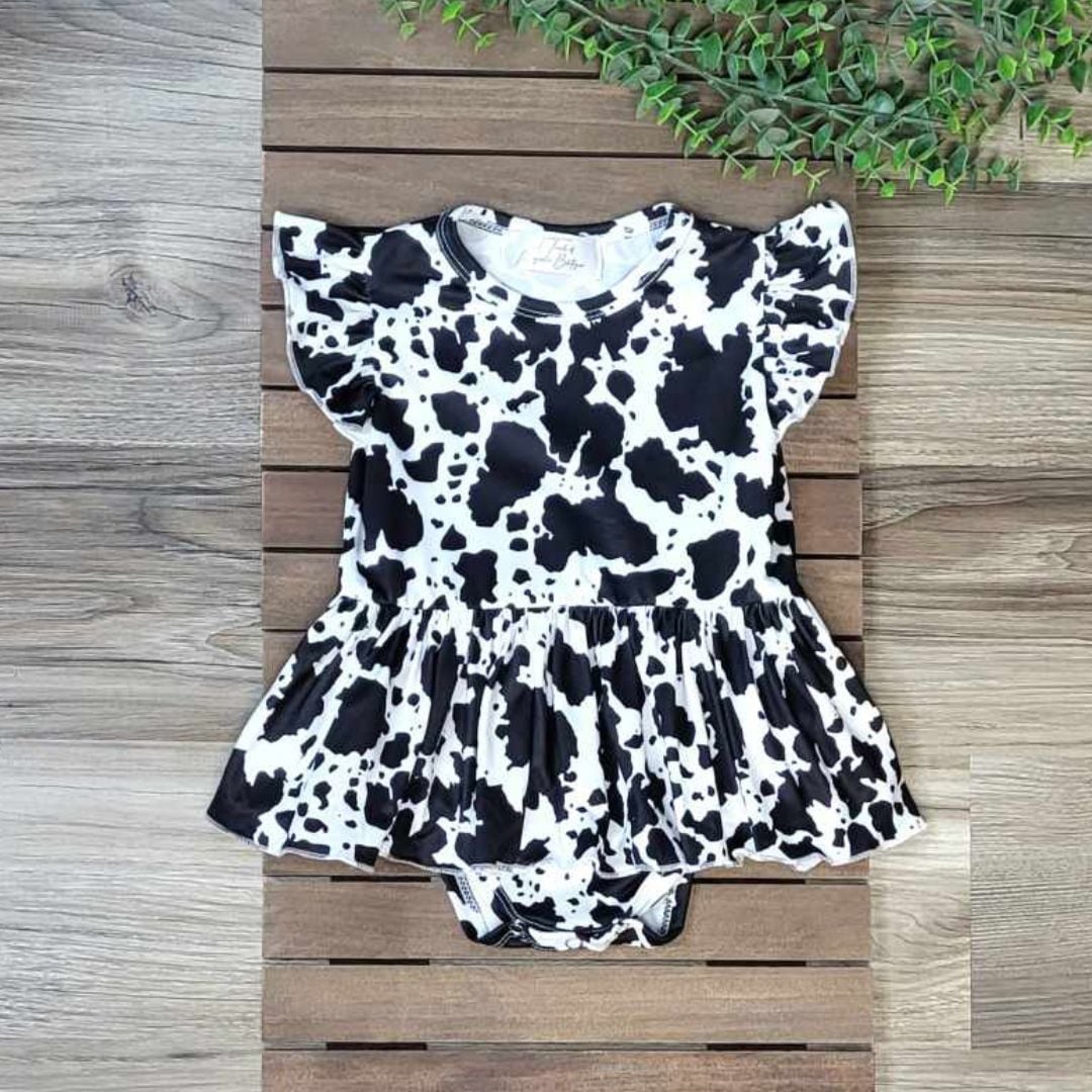 Baby Girl Cow Print Flutter Sleeve Skirted Romper  A Touch of Magnolia Boutique   