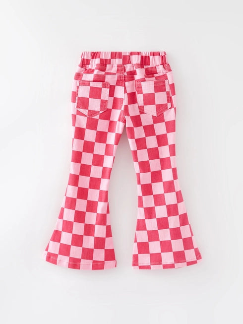 Pink Checkered Print Flared Jeans w/ Elastic Waistband A Touch of Magnolia Boutique