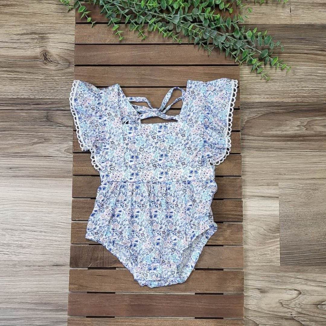 Ditsy Floral Blue Baby Girl Romper  A Touch of Magnolia Boutique   