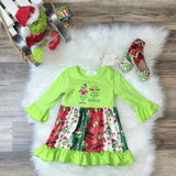 Girls boutique dress with Grinch inspired "I just had a DNA test, turns out I'm 100% that Grinch" and patchwork Grinch inspired scenes throughout skirt of dress.  Paired with our Green Guy Ballet flat dress shoes.