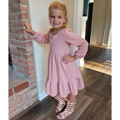 Girls Dusty Rose waffle fabric dress with tiered look. Great children's boutique staple long sleeve fall and winter dress.