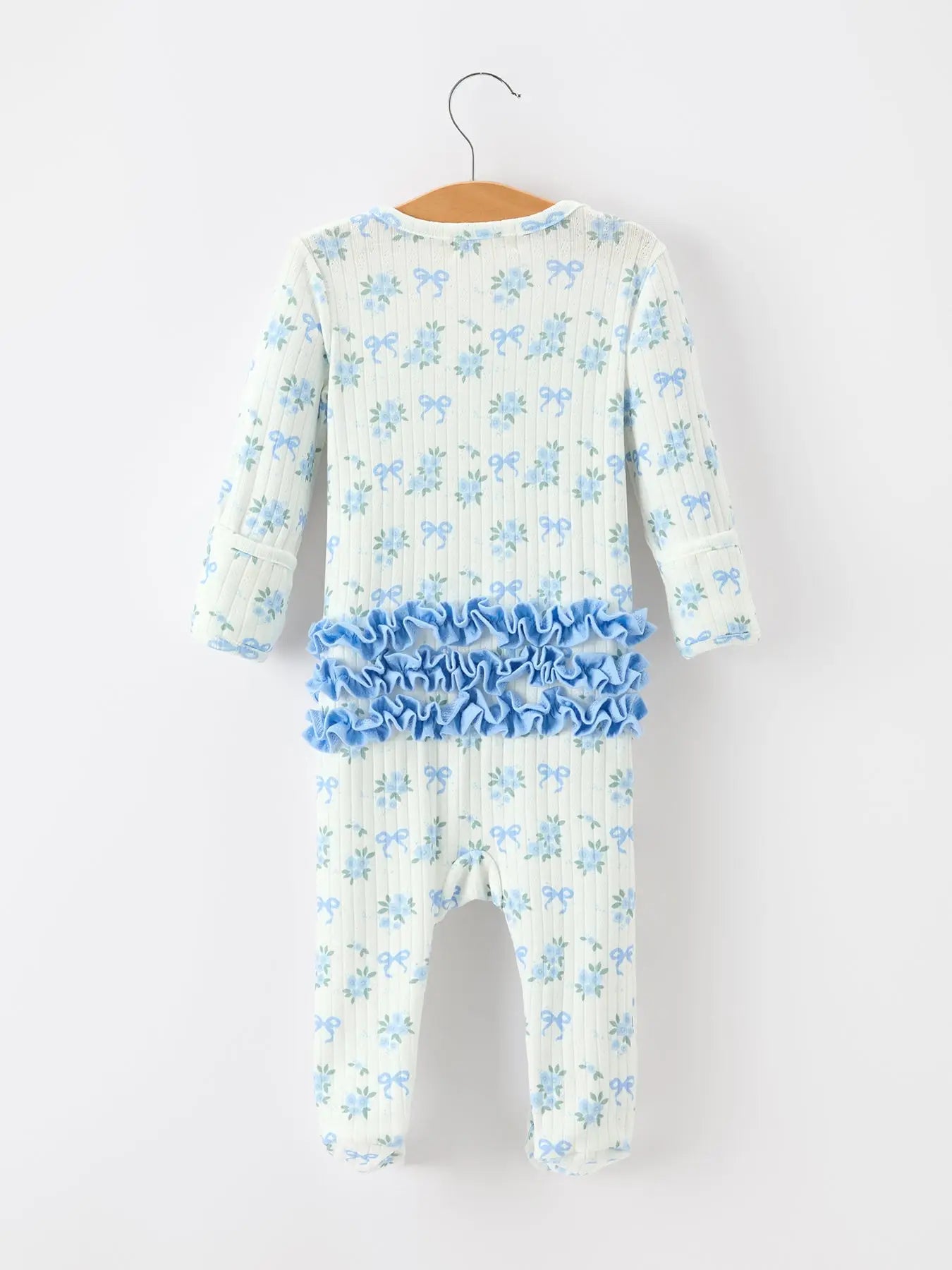 Baby Girl Blue Floral Bow Print Ruffle Zip Romper A Touch of Magnolia Boutique