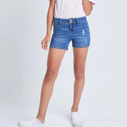 Girls 2-Button Regular Hem Shorts Ripped Medium Wash YMI Tween (7-14) A Touch of Magnolia Boutique