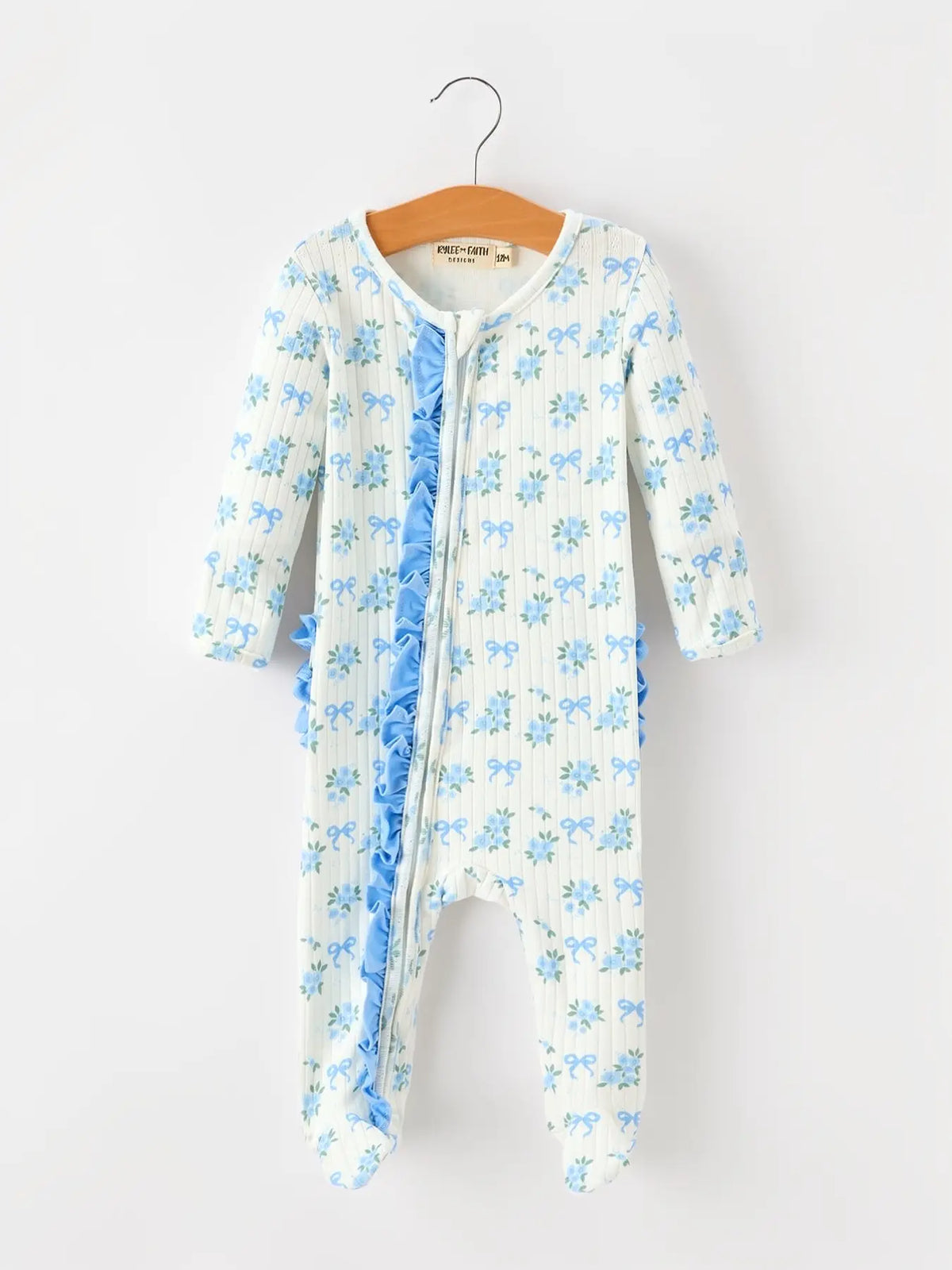 Baby Girl Blue Floral Bow Print Ruffle Zip Romper A Touch of Magnolia Boutique