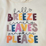 Close up of girls boutique hooded top. "Fall Breeze, crunchy leaves, pumpkins please."