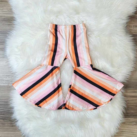 Girls boutique buttery soft, elastic waist striped bell bottom pants with shades of orange, pink, black and white.